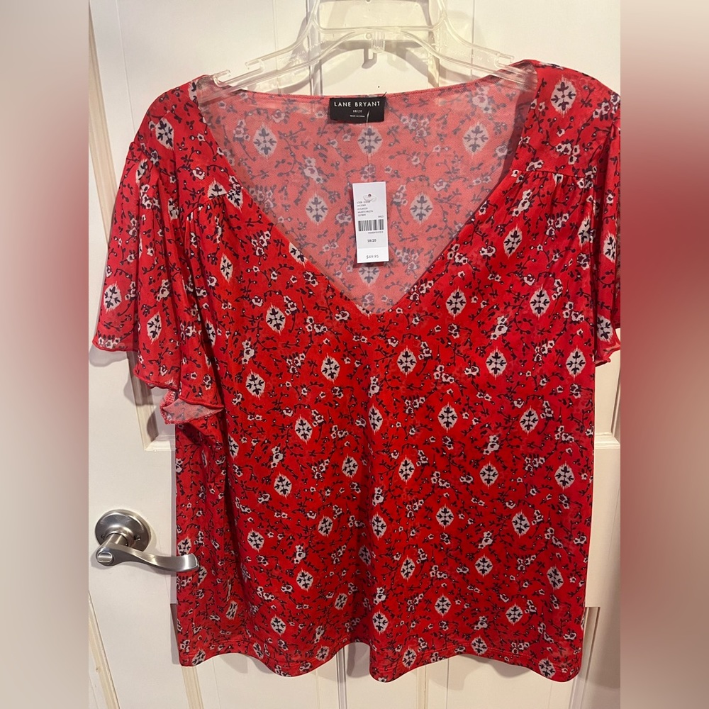 Red with navy design short sleeve v-neck top
